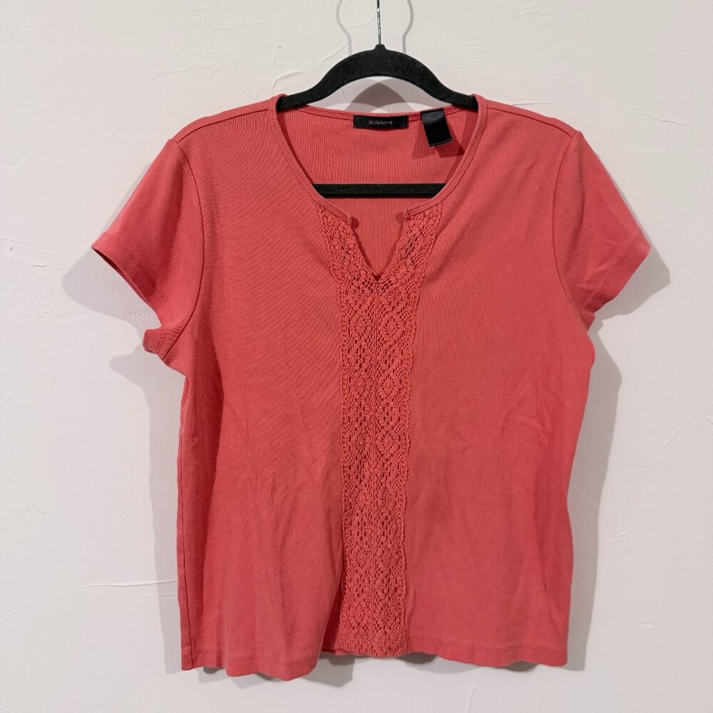 Liz Claiborne Women’s Coral Rust V-Neck Lace Blouse Top Cap Sleeve Size L